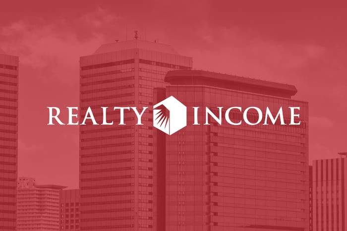 Realty Income's logo over a red background of side-by-side office buildings.