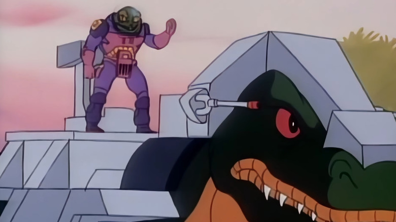 Emperor Krulos rides a dinosaur in Dino-Riders
