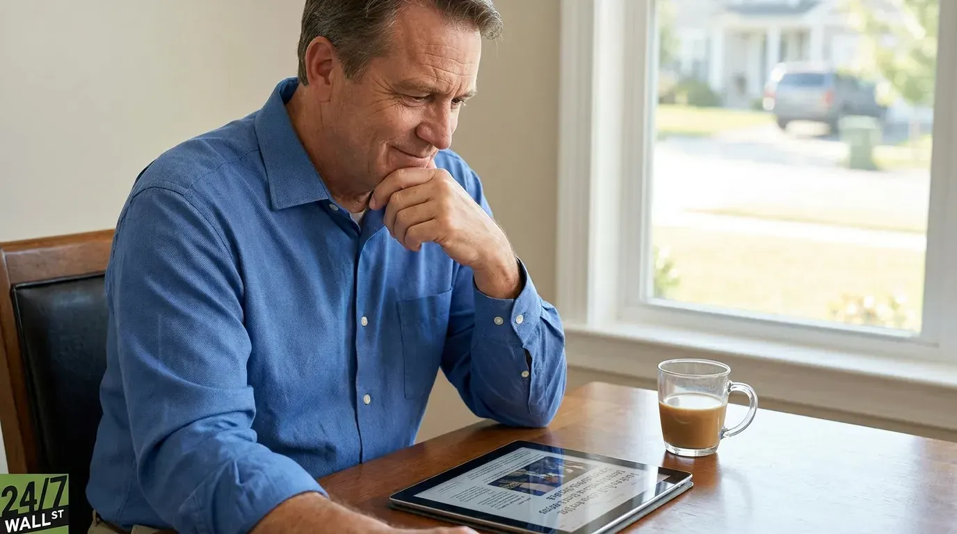 A middle-aged man in a blue button-up shirt sits at a wooden table, looking intently at a tablet screen. His right hand is resting on his chin in a pensive gesture. A glass mug containing a light brown beverage is on the table to his right. A bright window in the background shows a blurred view of a residential street with a house and a car.