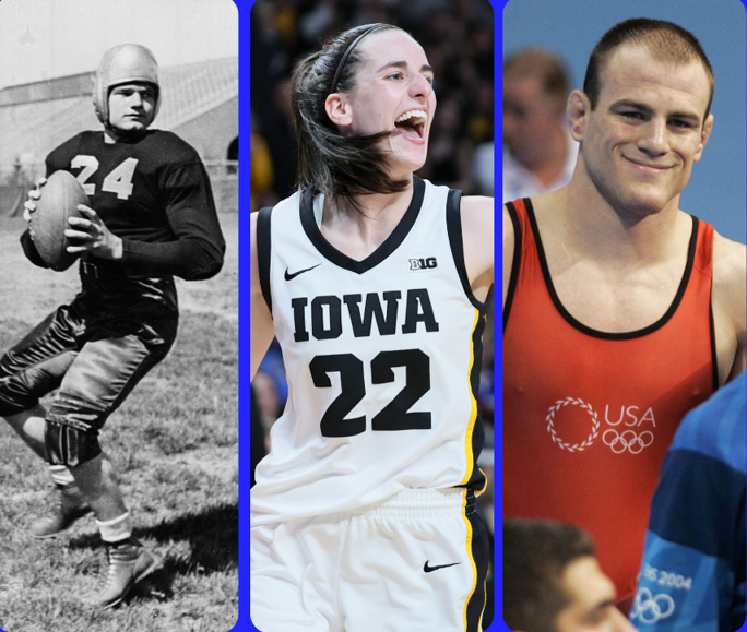 Left to right: Nile Kinnick (Iowa), Caitlin Clark (Iowa) and Cael Sanderson (Iowa State)