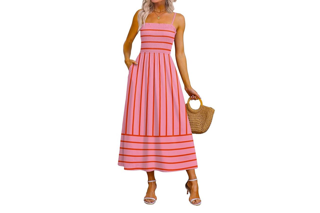 OFEEFAN Womens Spaghetti Strap Maxi Dresses Smocked with Pockets 2026 Summer Spring Casual Boho Beach Long Sundresses