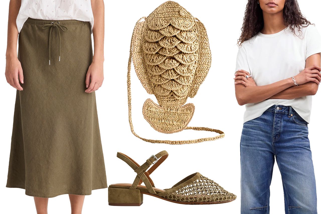 A collage of summer outfit items including a skirt a woven bag lowheeled sandals and a model wearing a shirt and jeans