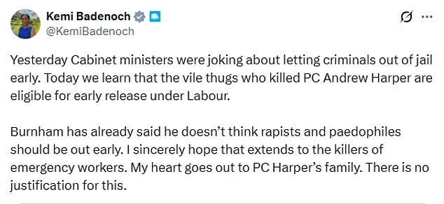 Tory leader Kemi Badenoch led outrage at the possible early release of two of PC Harper's killers - a day after Labour ministers joked about letting prisoners out