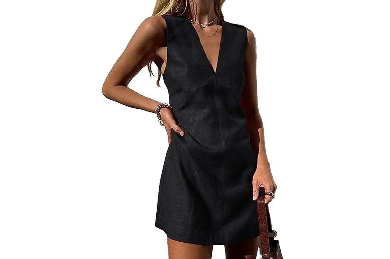 hibshaby Womens Summer Cotton Linen V Neck Short Dress 2025 Sleeveless Mini Dress Casual Tank Dress Sundress with Pockets