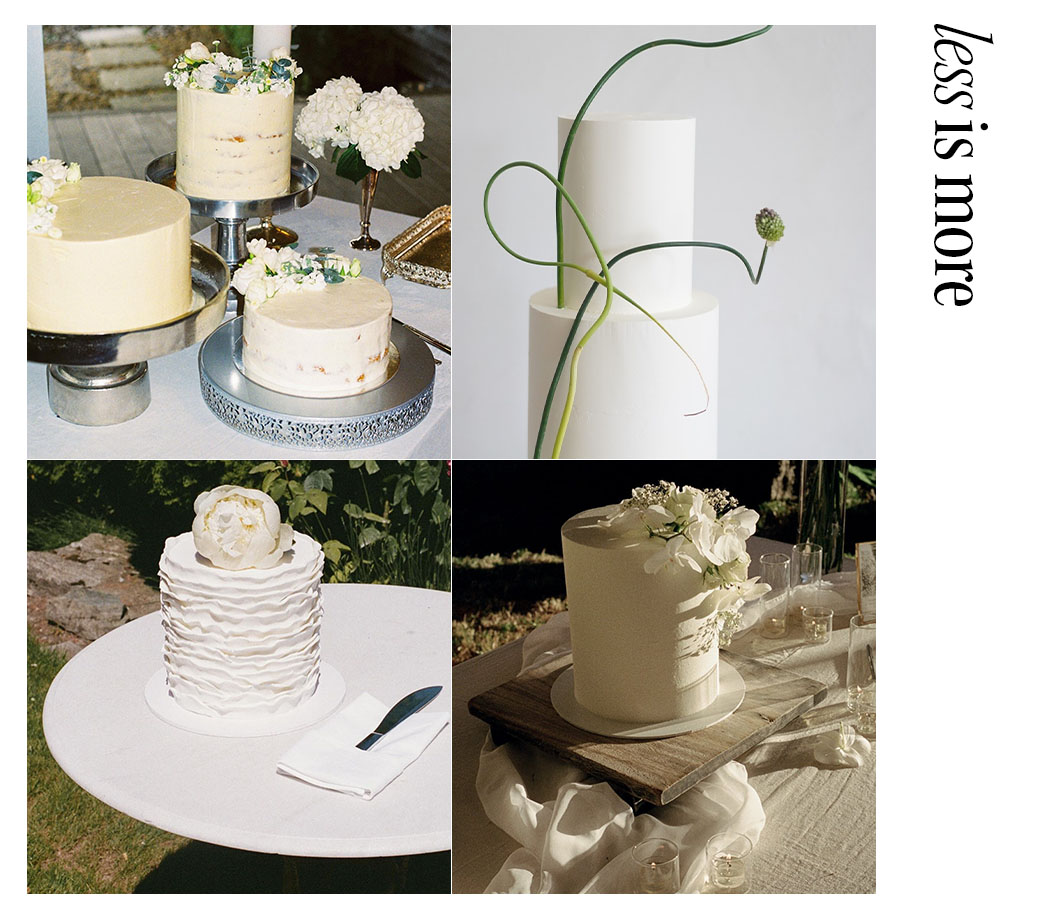 four images of minimalist wedding cakes.