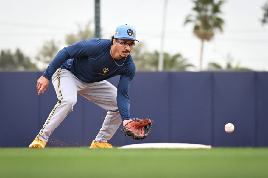 Milwaukee Brewers infielder David Hamilton fields a grounder during spring training workouts Monday, February 16, 2026, at American Family Fields of Phoenix in Phoenix, Arizona.