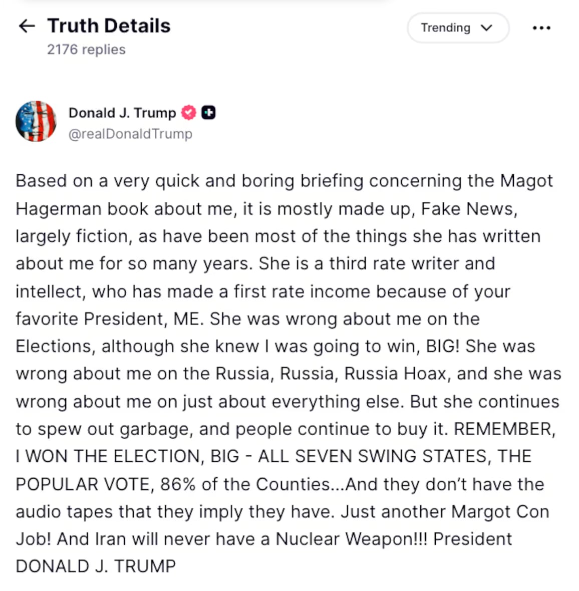 The aging president hurled insults at Maggie Haberman. / Truth Social/Donald Trump