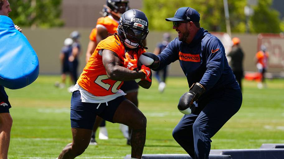 Jun 16, 2026; Englewood, CO, USA; Denver Broncos running back Jonah Coleman (20) during mini camp at Broncos Park. Mandatory