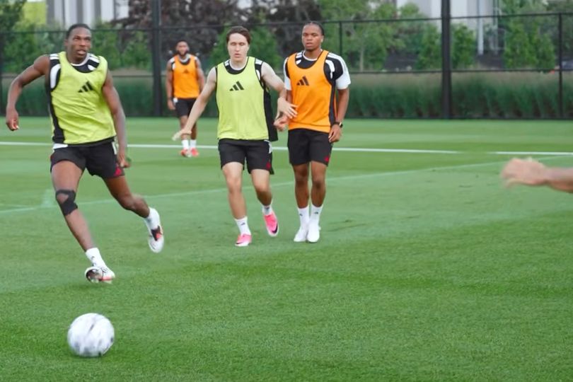 Rio Ngumoha was seen teeing up Kostas Tsimikas during the training session