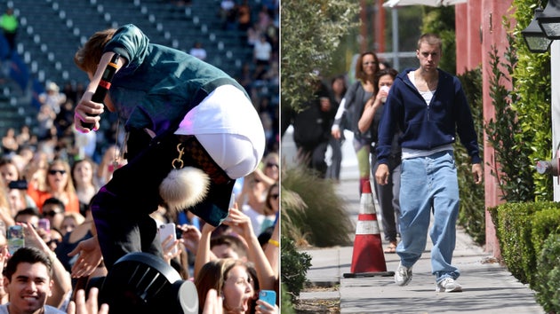 Justin Bieber's pants can also be described as “hanging so low they appear to be in active negotiation with gravity.