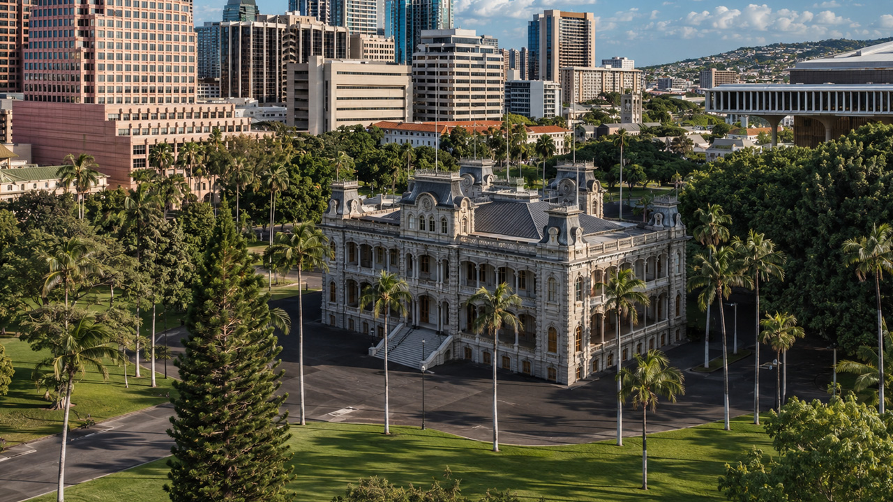 Honolulu landmark surrounded by palm trees