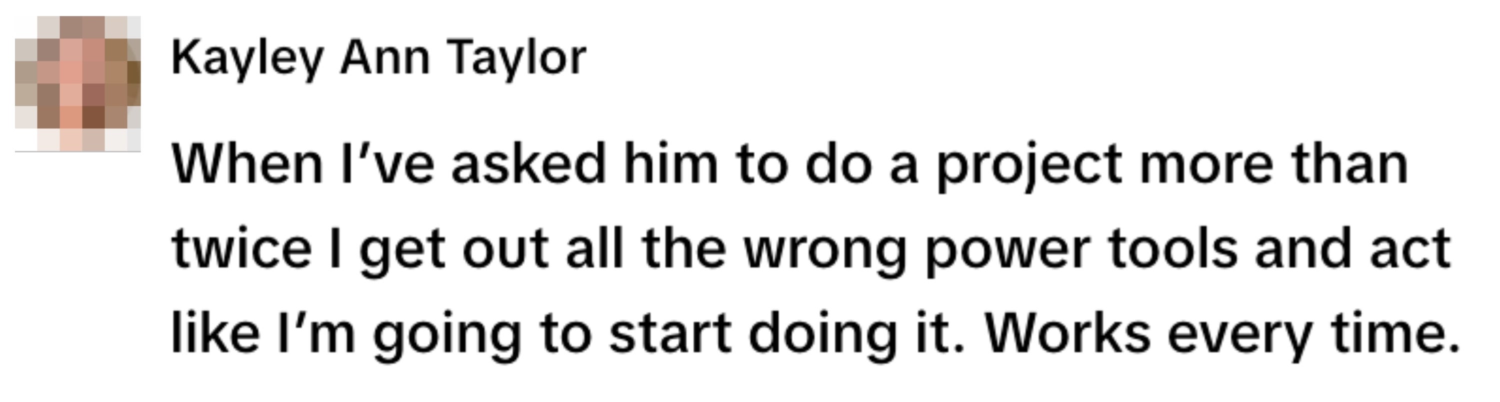 Profile image of a woman with text about using power tools to prompt someone to do a project