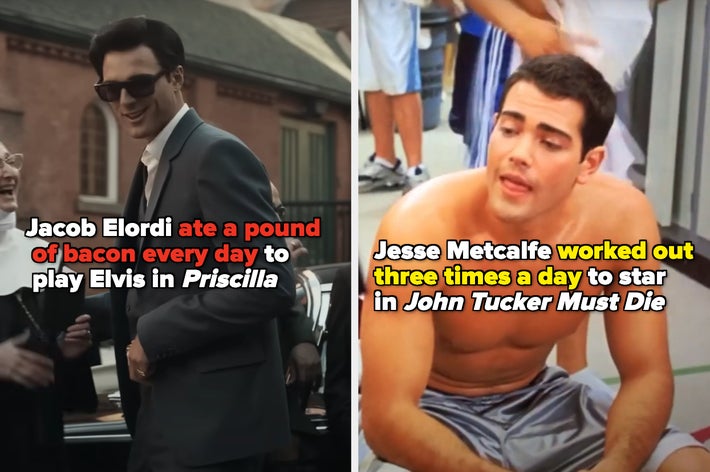 From left: Jacob Elordi in a suit with text noting he ate a pound of bacon daily for Priscilla, and Jesse Metcalfe post-workout with text noting he exercised thrice daily for John Tucker Must Die