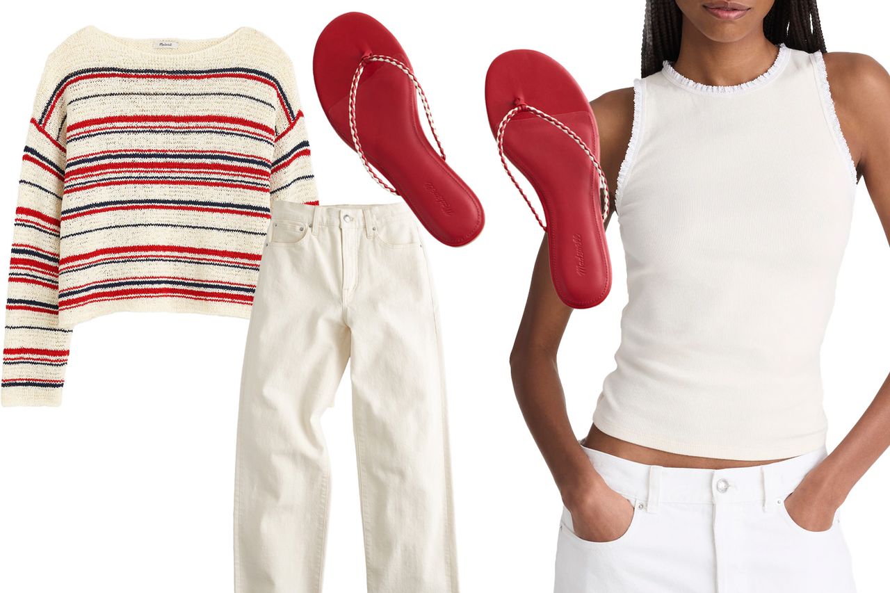 A striped sweater white pants red flipflops and a white sleeveless top are displayed