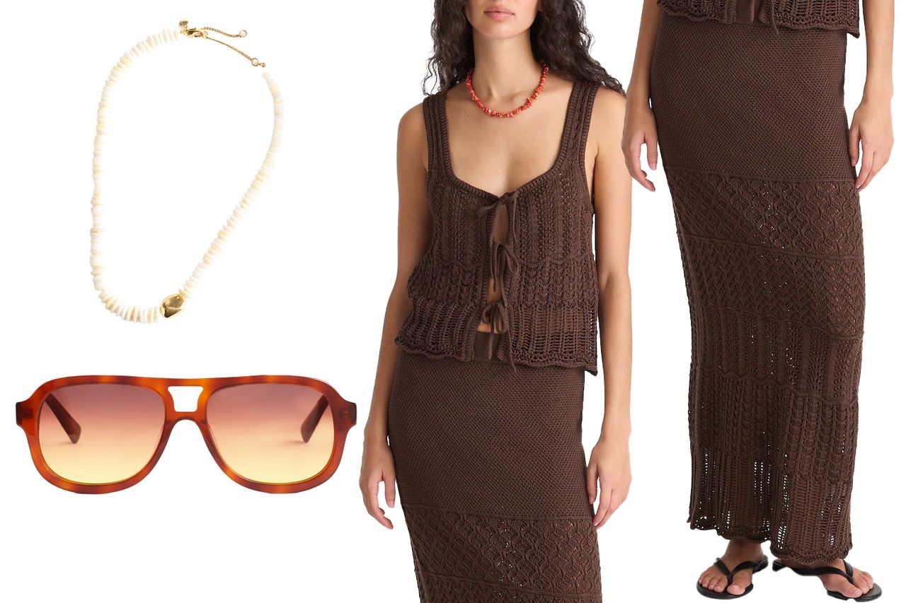Woman modeling a brown knit outfit with a skirt and sleeveless top shown alongside a necklace and sunglasses
