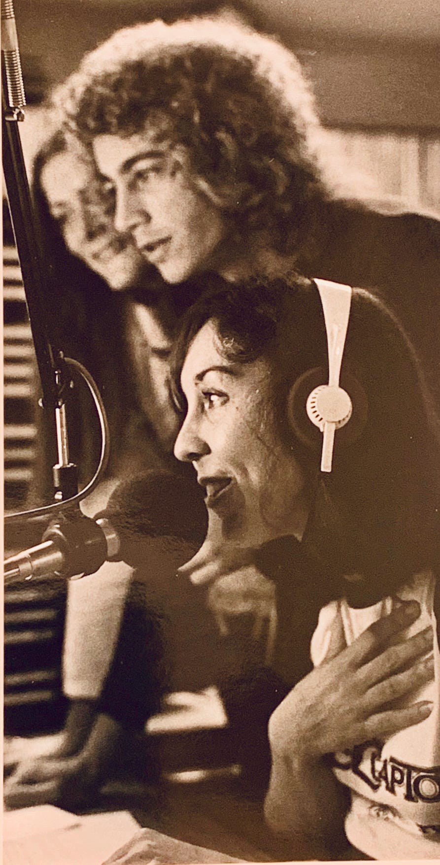 Linda Thompson Smith, Lee Powell and Nina Joy in the KDKB studio circa 1975.