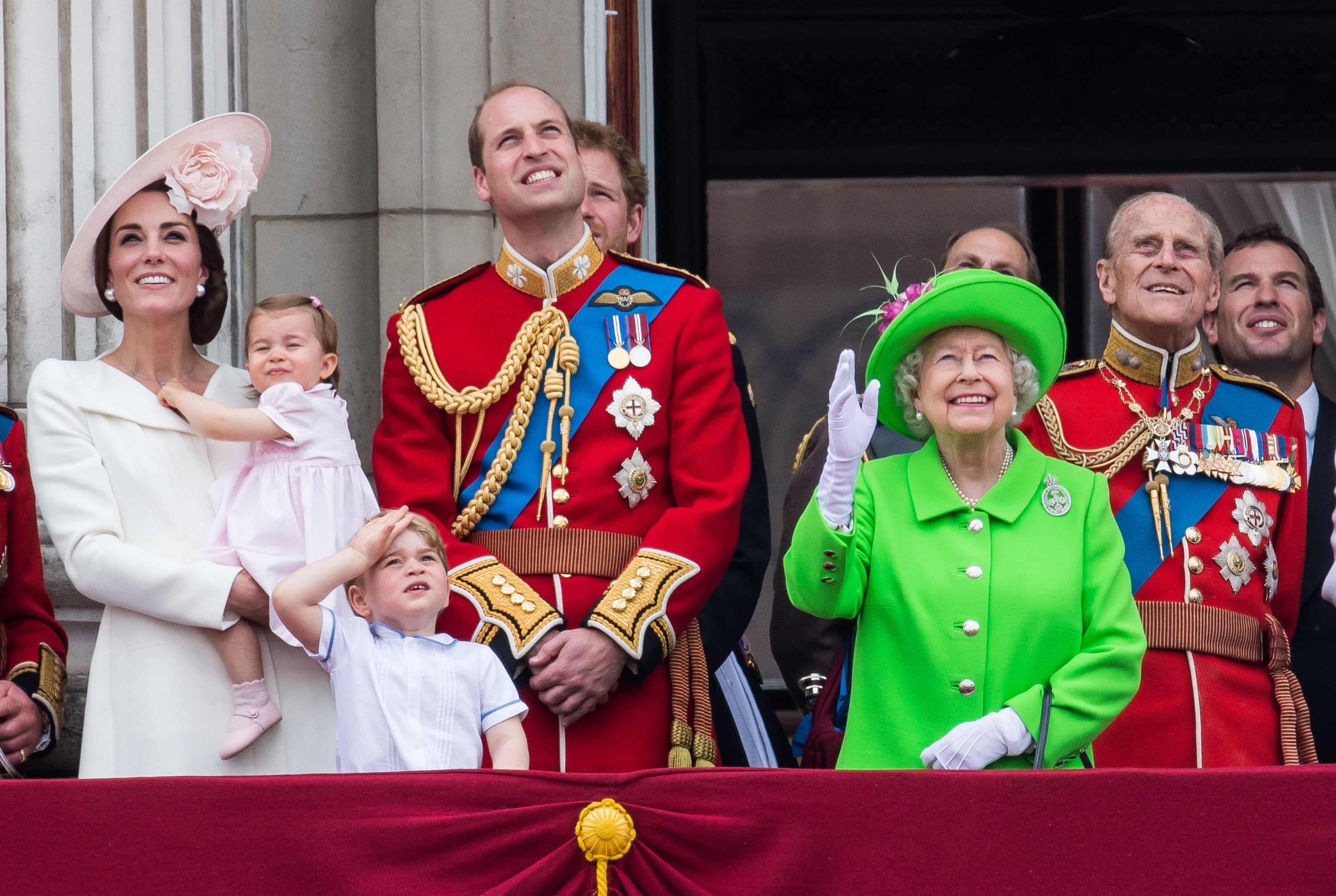 2016: Catherine, Duchess of Cambridge, Princess Charlotte, Prince George, Prince William, Duke of Cambridge, Queen Elizabeth II and Prince Philip, Duke of Edinburgh stand on the balcony during the Trooping the Colour, this year marking the Queen's official 90th birthday at The Mall on June 11, 2016, in London, England.