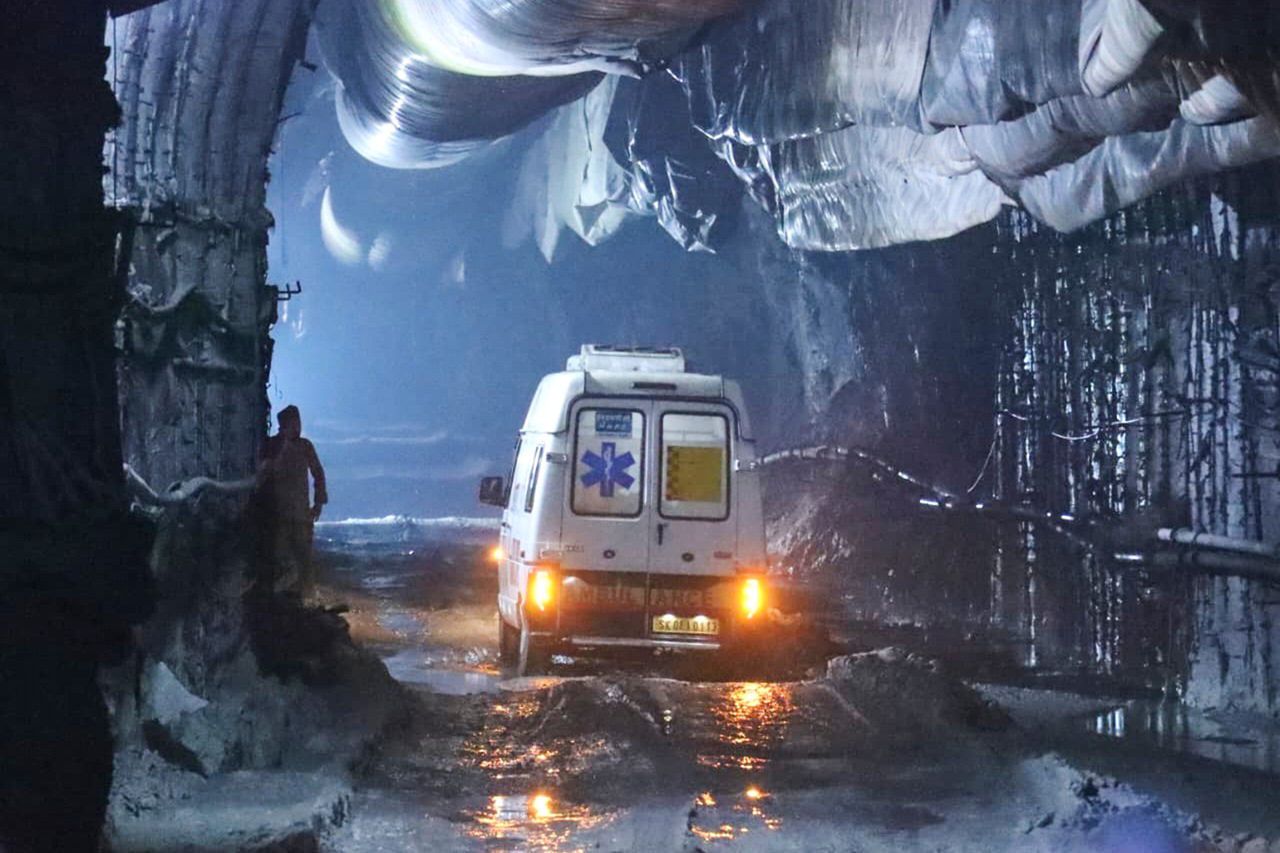 In this image provided by the Information and Public Relations Department, Government of Sikkim, an ambulance moves through an under-construction tunnel at a hydropower project in Samardung village, about 40 kms. (25 miles) from Gangtok, India, late Monday, July 20, 2026