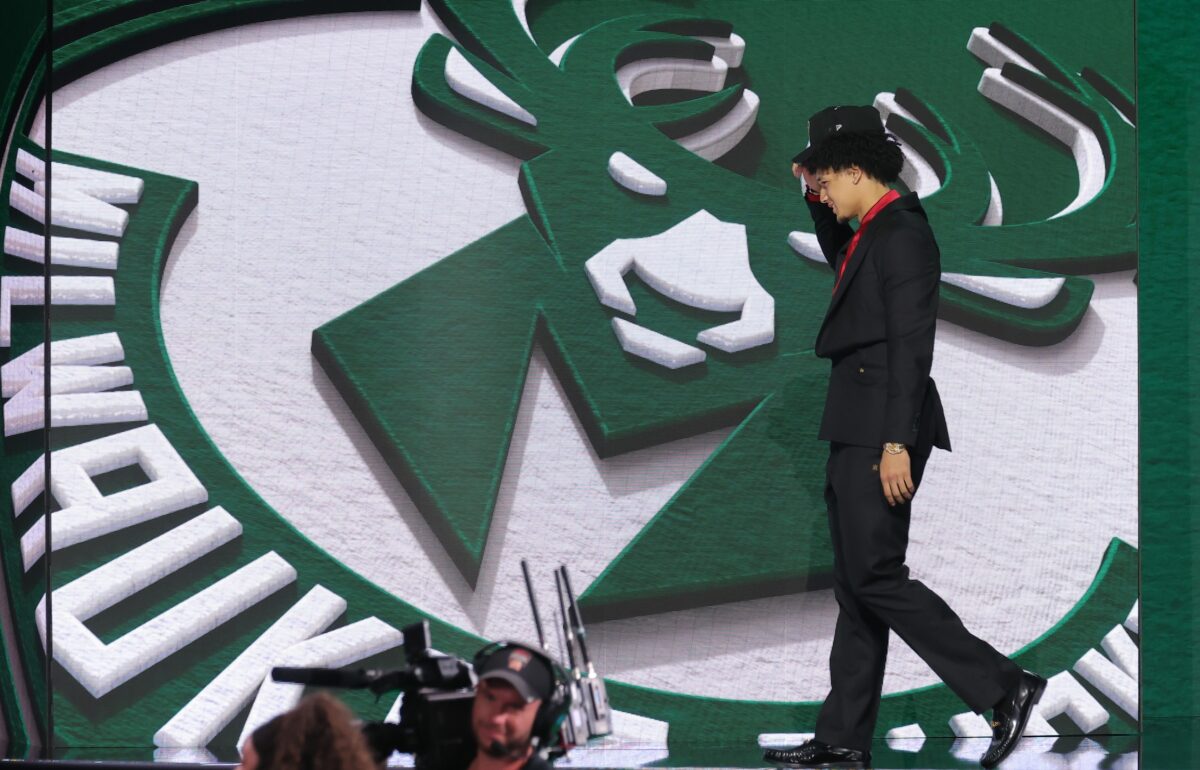Jun 23, 2026; New York, NY, USA; The tenth pick in the 2026 NBA draft, Arizona guard Burries after he was selected by Milwaukee at Barclays Center. Mandatory Credit: Brad Penner-Imagn Images