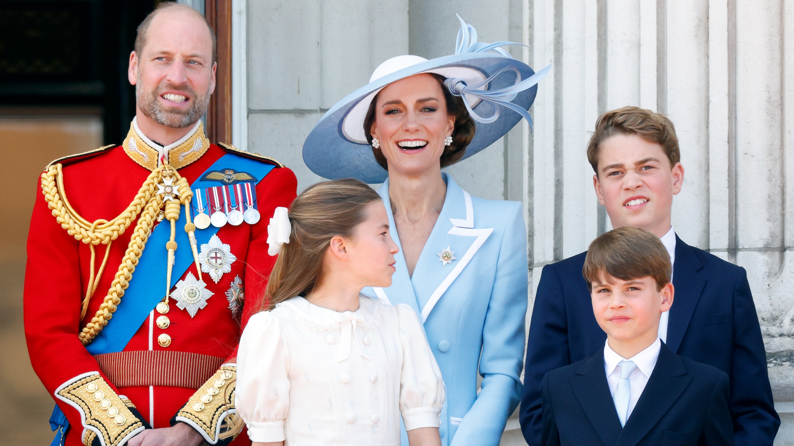 Prince William, Catherine, Princess of Wales, Princess Charlotte, Prince George and Prince Louis watch an RAF flypast from the balcony of Buckingham Palace on June 13, 2026