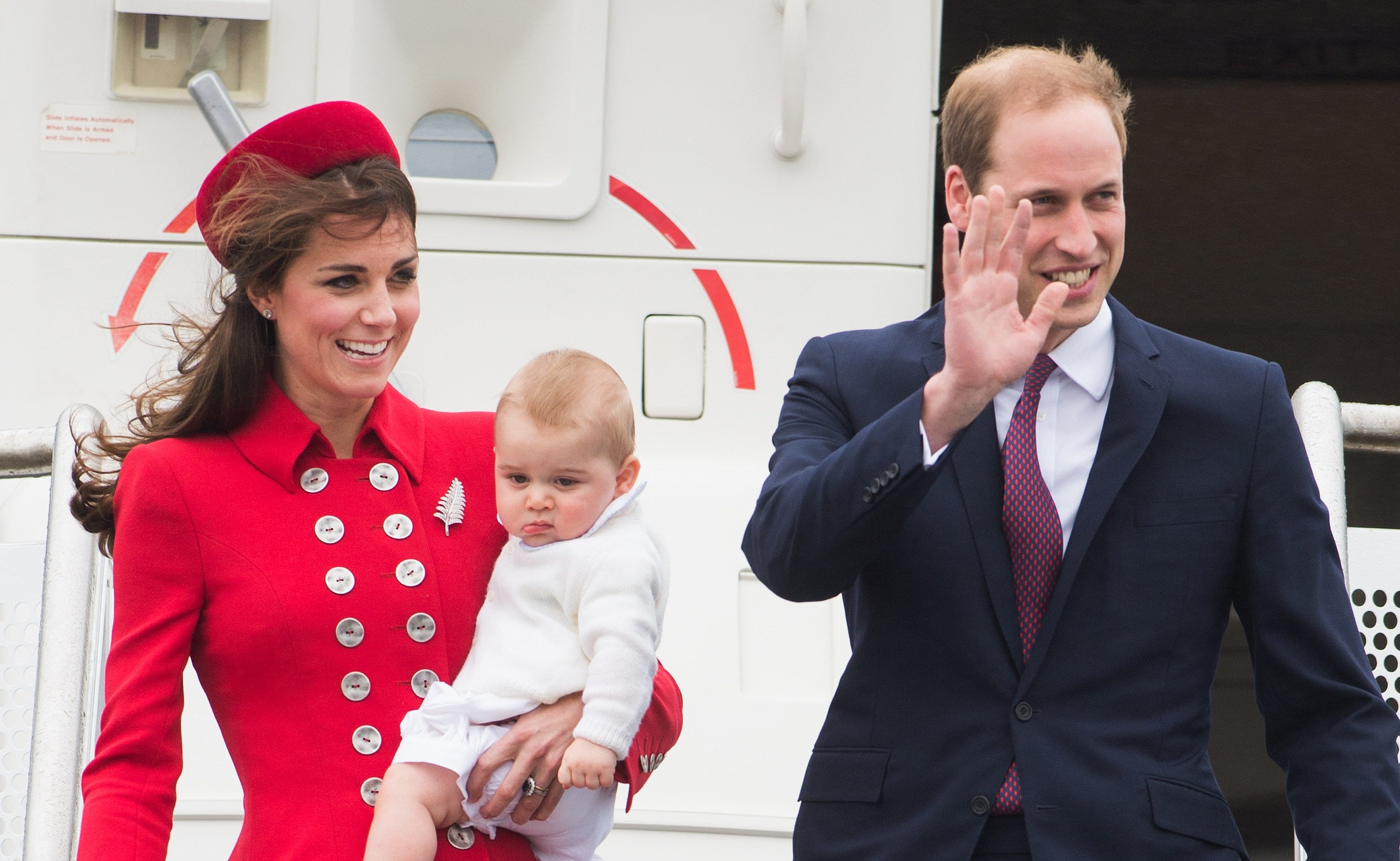 2014: Prince William, Duke of Cambridge, Catherine, Duchess of Cambridge and Prince George of Cambridge arrive at Wellington Airport's military terminal for the start of their tour on April 7, 2014, in Wellington, New Zealand. The Duke and Duchess of Cambridge are on a three-week tour of Australia and New Zealand, the first official trip overseas with their son, Prince George of Cambridge.