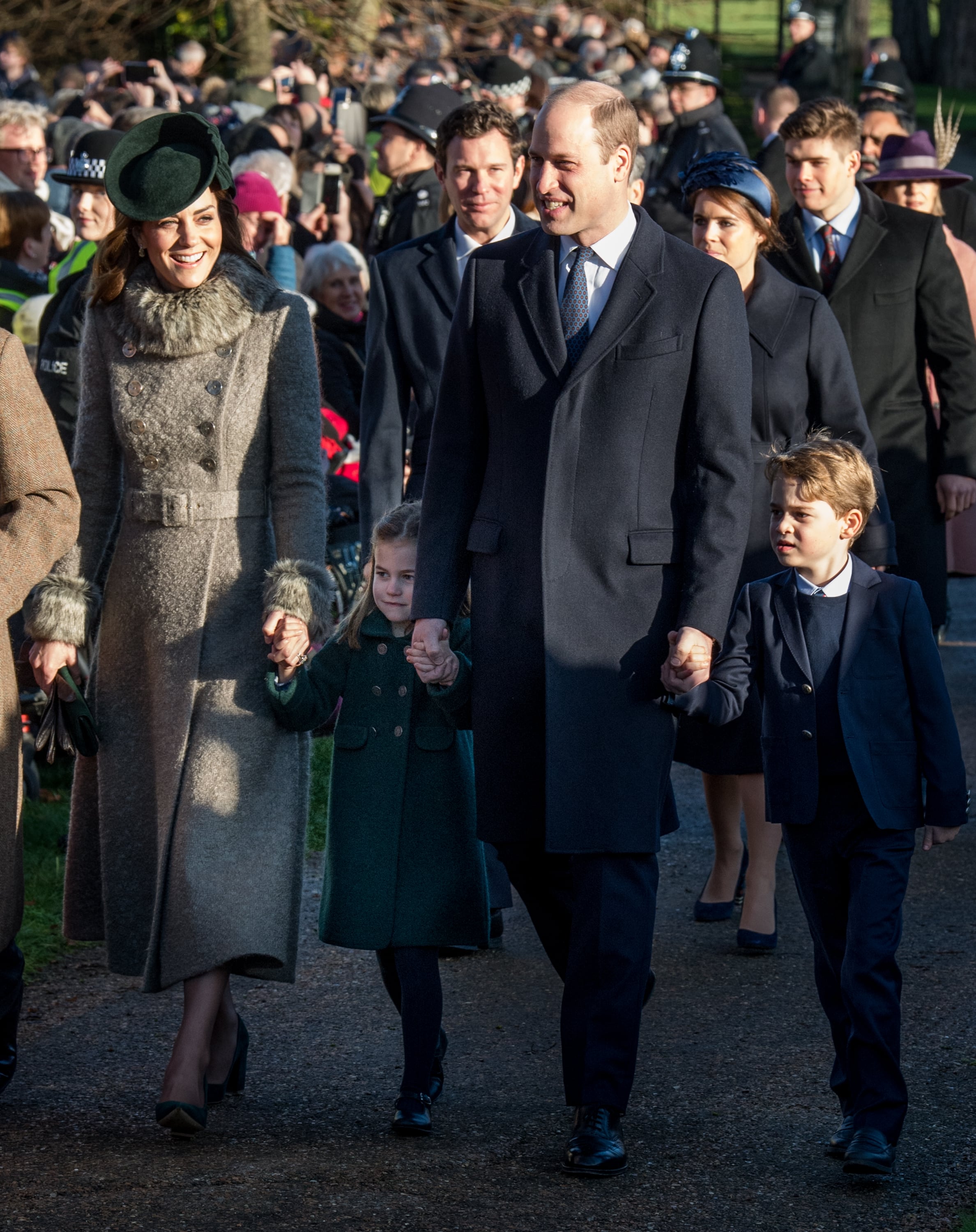 2019: Prince William, Duke of Cambridge, Prince George of Cambridge, Catherine, Duchess of Cambridge and Princess Charlotte of Cambridge attend the Christmas Day Church service at Church of St Mary Magdalene on the Sandringham estate on December 25, 2019, in King's Lynn, United Kingdom.