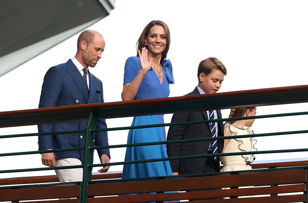 2025: Prince William, Prince of Wales; Catherine, Princess of Wales, Patron of The AELTC; Prince George of Wales and Princess Charlotte of Wales cross the player's walkway bridge on day fourteen of The Championships Wimbledon 2025 at All England Lawn Tennis and Croquet Club on July 13, 2025 in London, England. The family is moving from Adelaide Cottage to Forest Lodge in Windsor Great Park (Photo by Julian Finney/Getty Images)