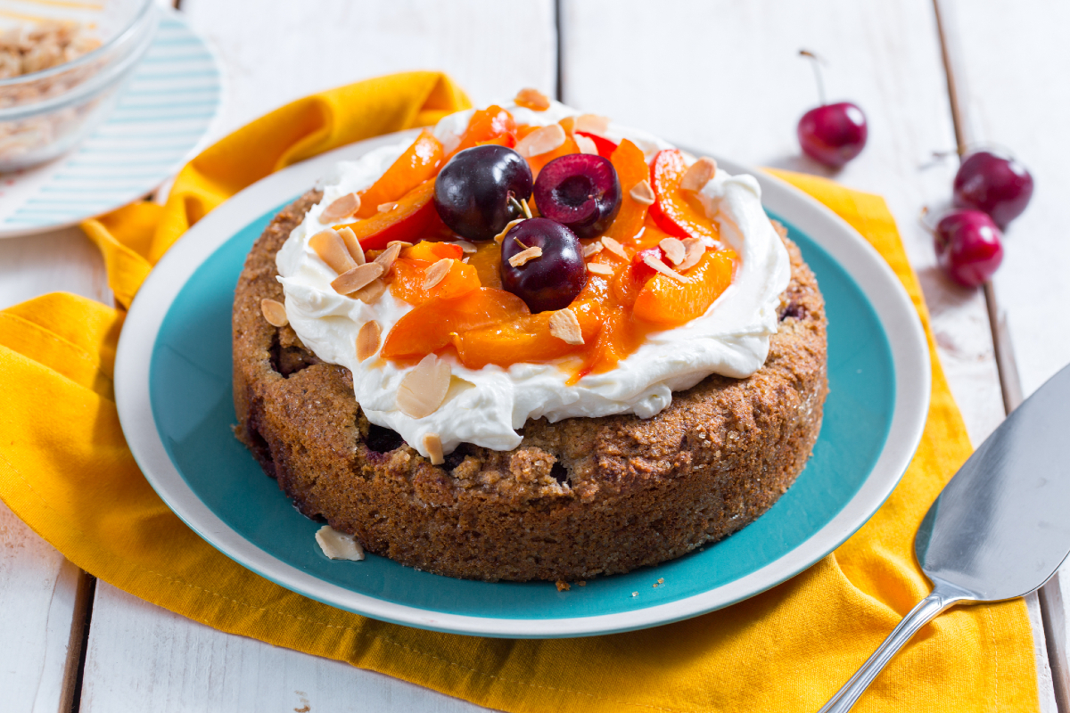 Buckwheat cake with apricots and cherries