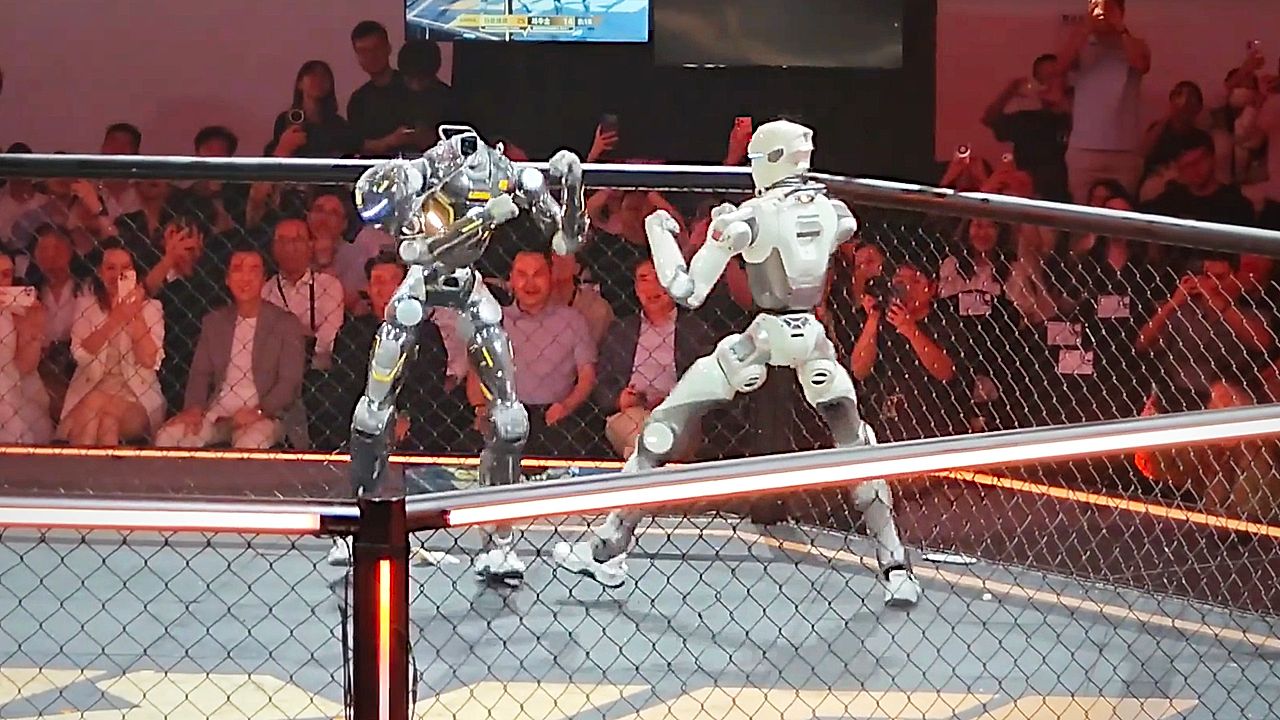 Humanoid robots battle inside cage at China's first ever robot fighting ...