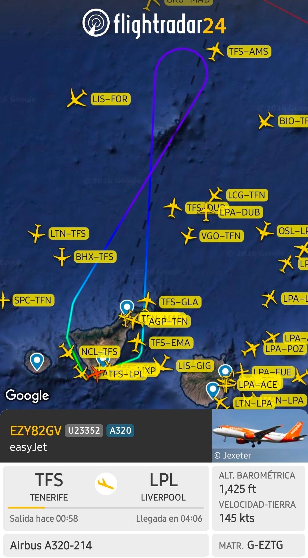 The route of the Easyjet plane that returned because of a huge fight (Flightradar24)