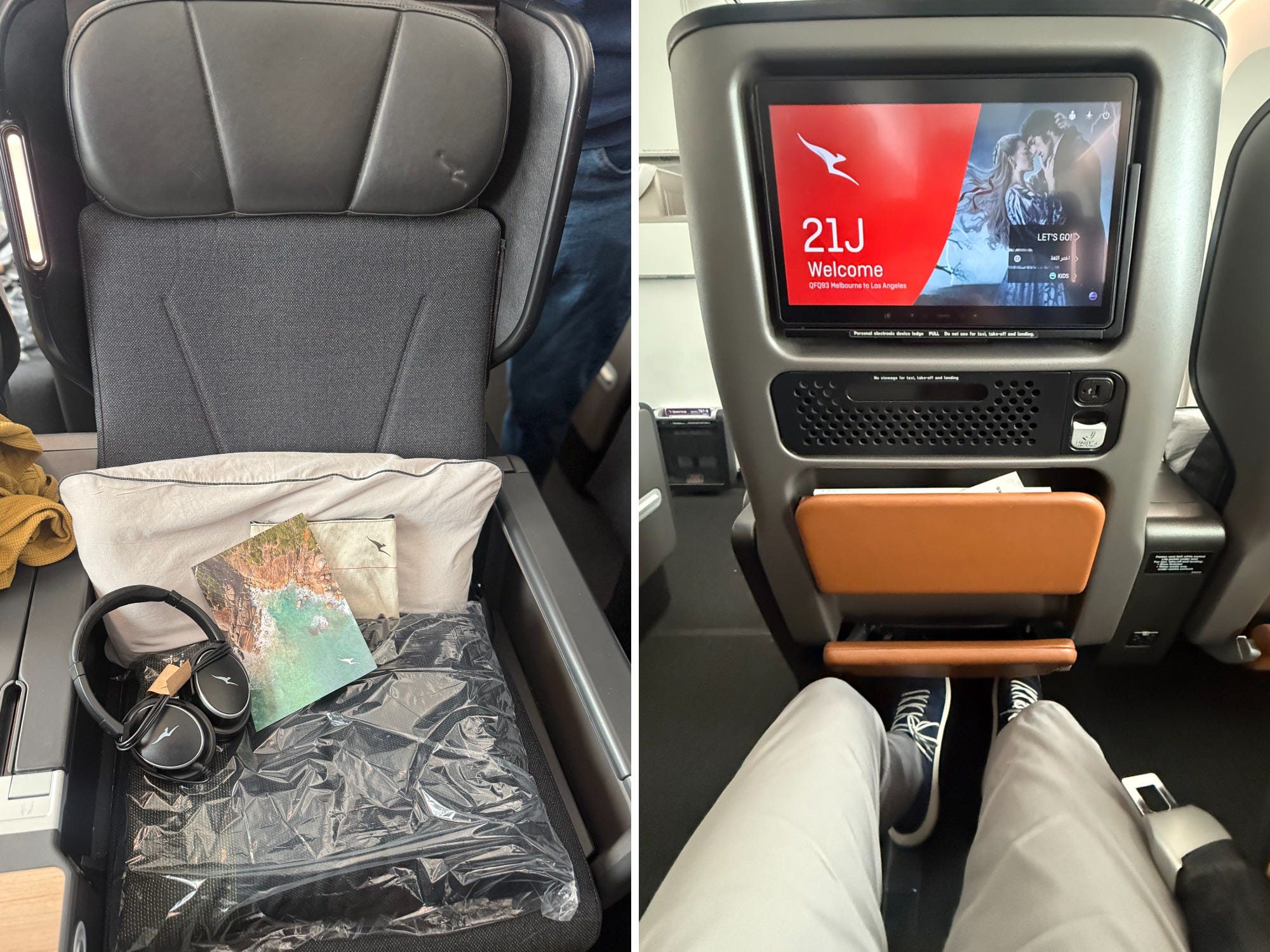 Side by side of image of Qantas premium seat wit hheadphones, pilow in it and View of author's legroom and knees on a Qantas premium flight