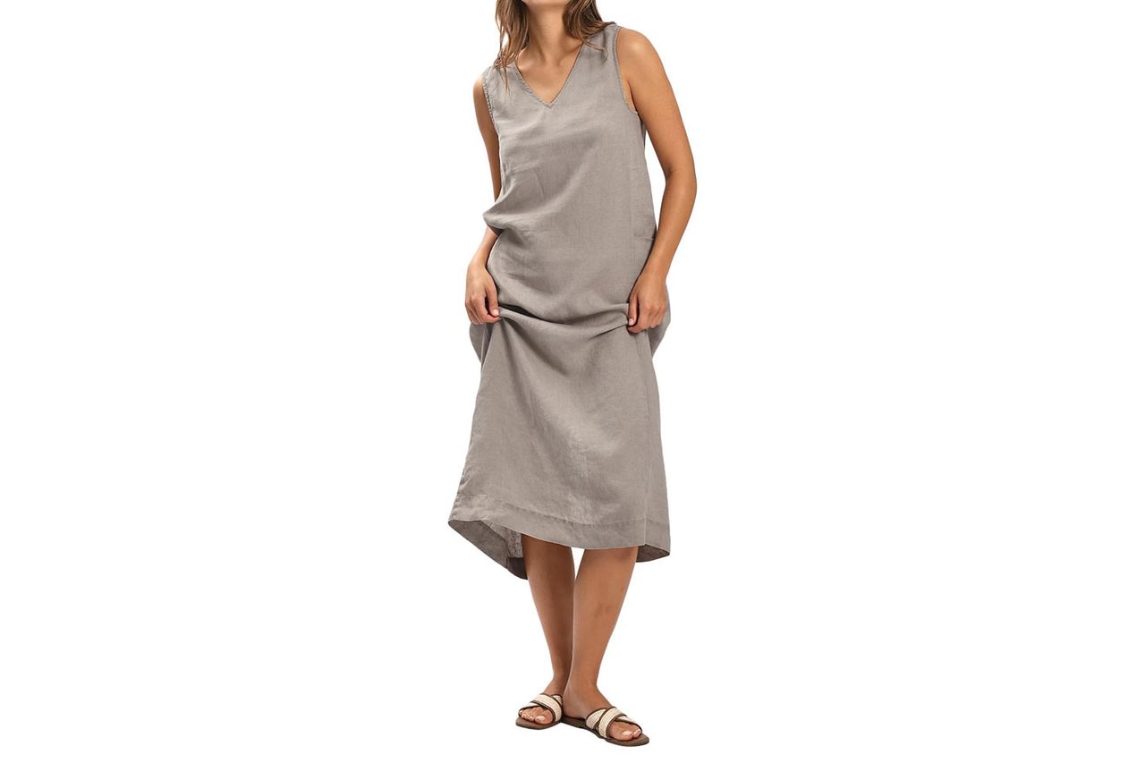 Amazhiyu Women's 100% Linen Plant-Dyed Midi Dress with Slit | Sleeveless, V-Neck, Patch Pockets
