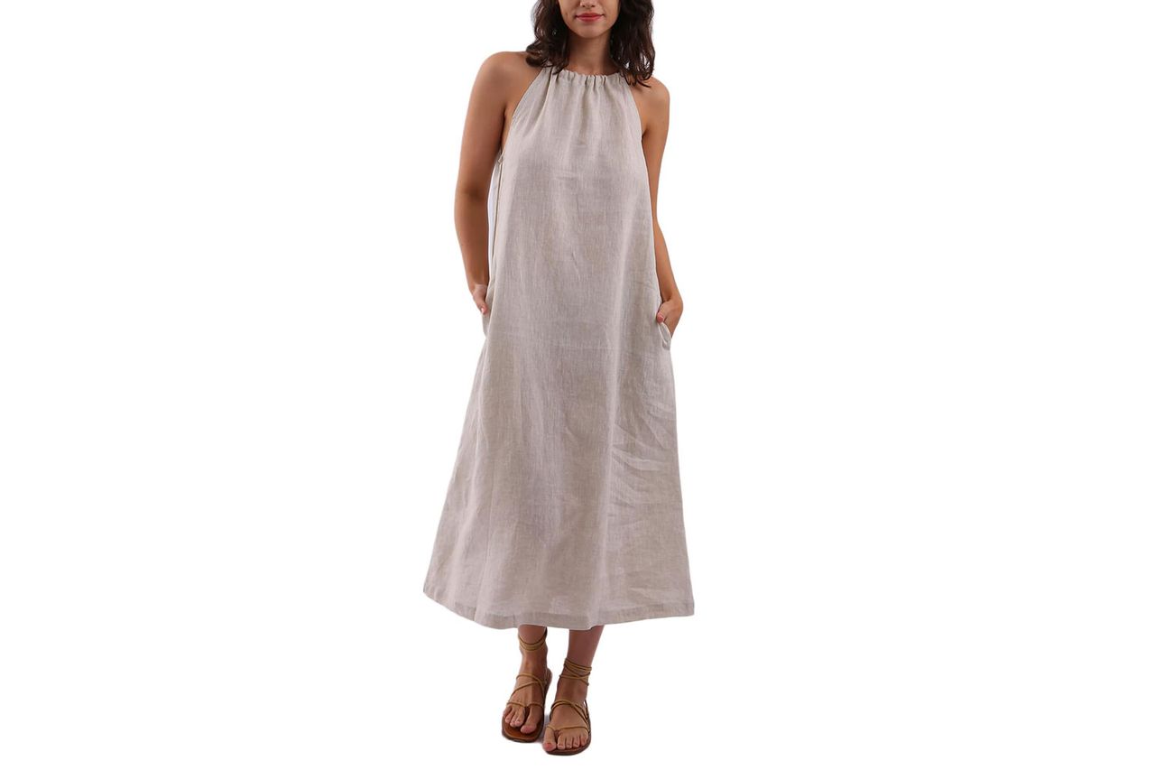 Amazhiyu Women's 100% Linen Sleeveless Halter Maxi Dress with Pockets | Self Tie Back, Removable Belt, Flowy Hem