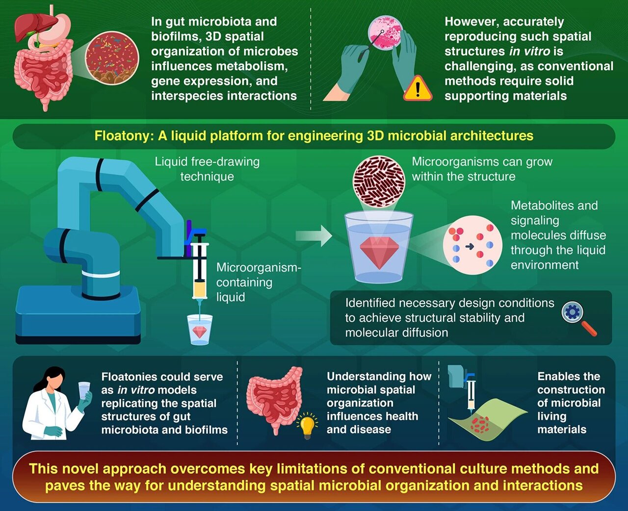 Floating colonies: Engineering 3D microbial architectures in liquid cultures