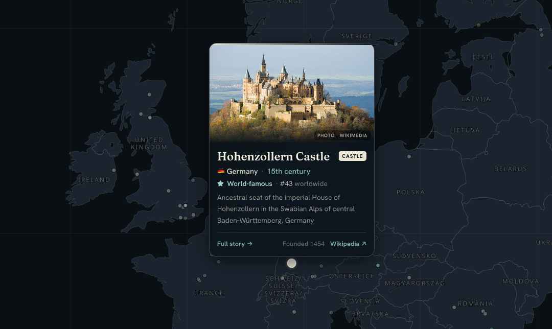 Interactive map of the world's castles, fortresses, palaces and ruins