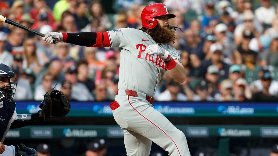 Philadelphia Phillies left fielder Brandon Marsh (16) hits against Detroit Tigers.