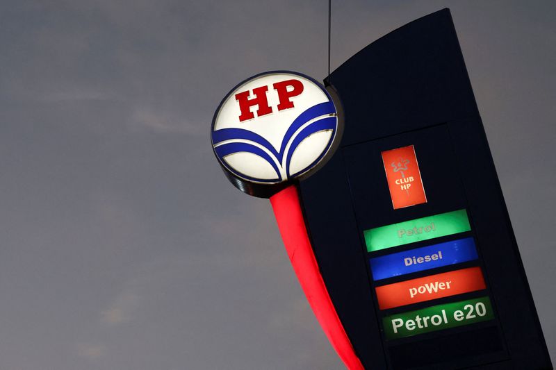The Hindustan Petroleum logo is displayed outside a fuel station, in Bengaluru