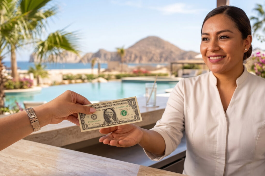 Someone handing a 1 dollar bill to bartender in Los Cabos