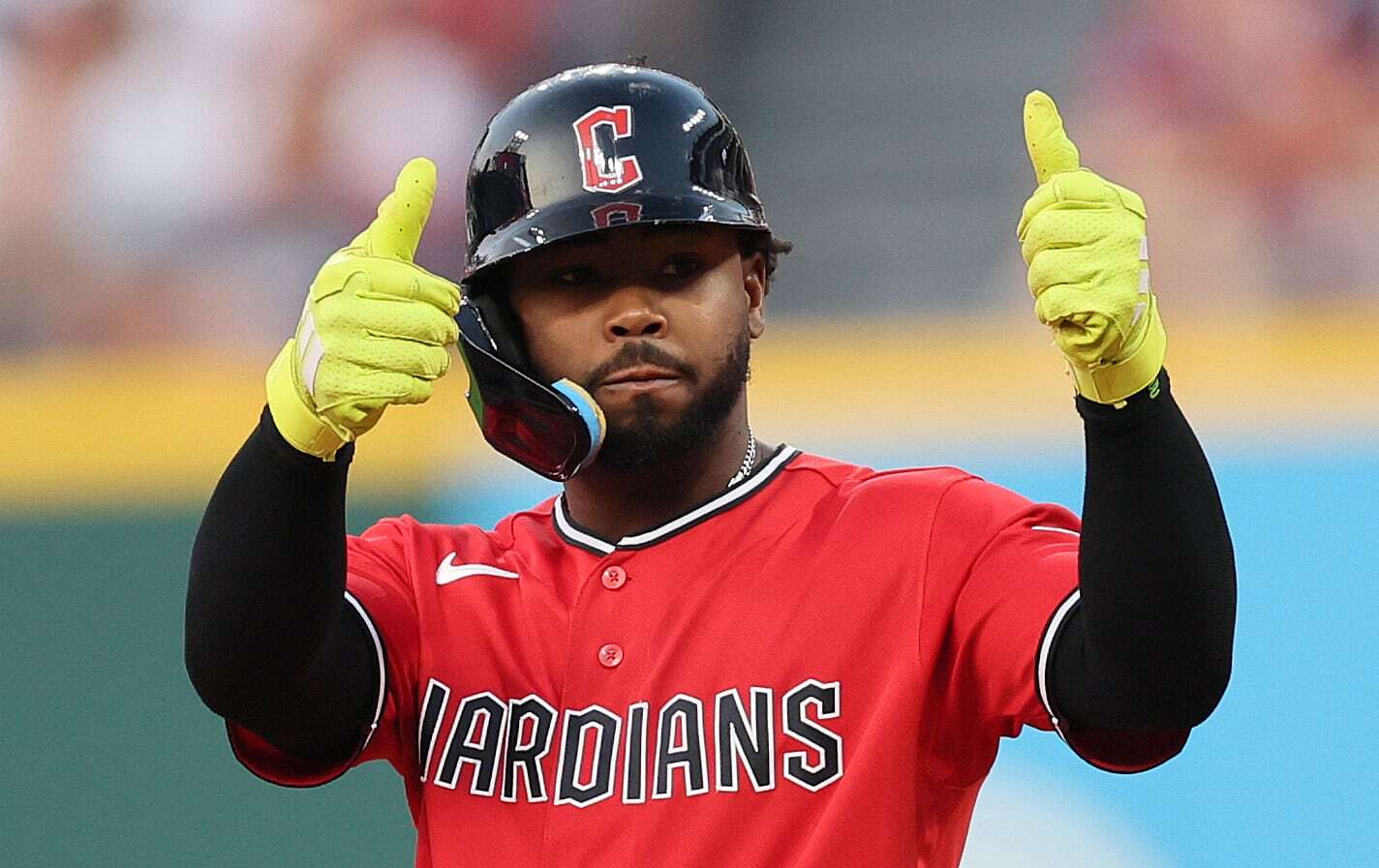 Cleveland Guardians pinch hitter Kahlil Watson celebrates his double in the sixth inning off Minnesota Twins pitcher Mike Paredes.