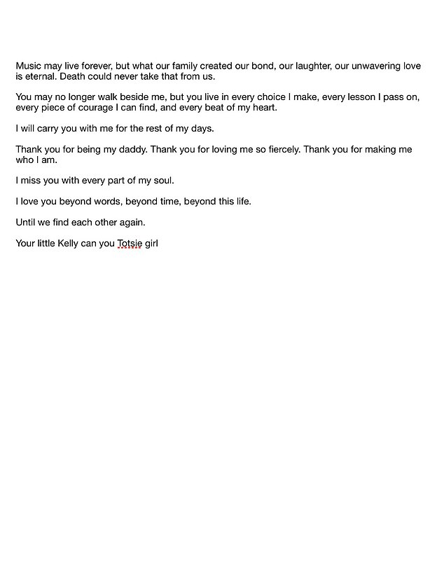 Taking to Instagram on Tuesday, Kelly,41, shared a letter penned to her dad as she opened up about the 'endless ache' of grief