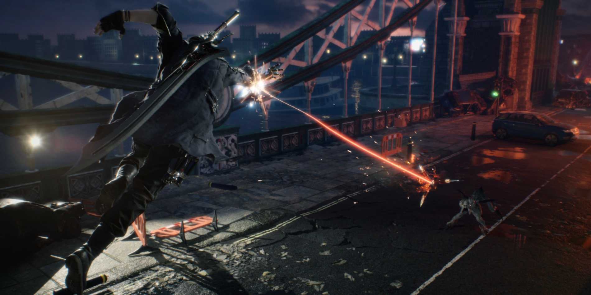 Nero fights demons in Red Grave City in Devil May Cry 5