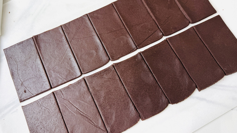 Chocolate dough cut into rectangles