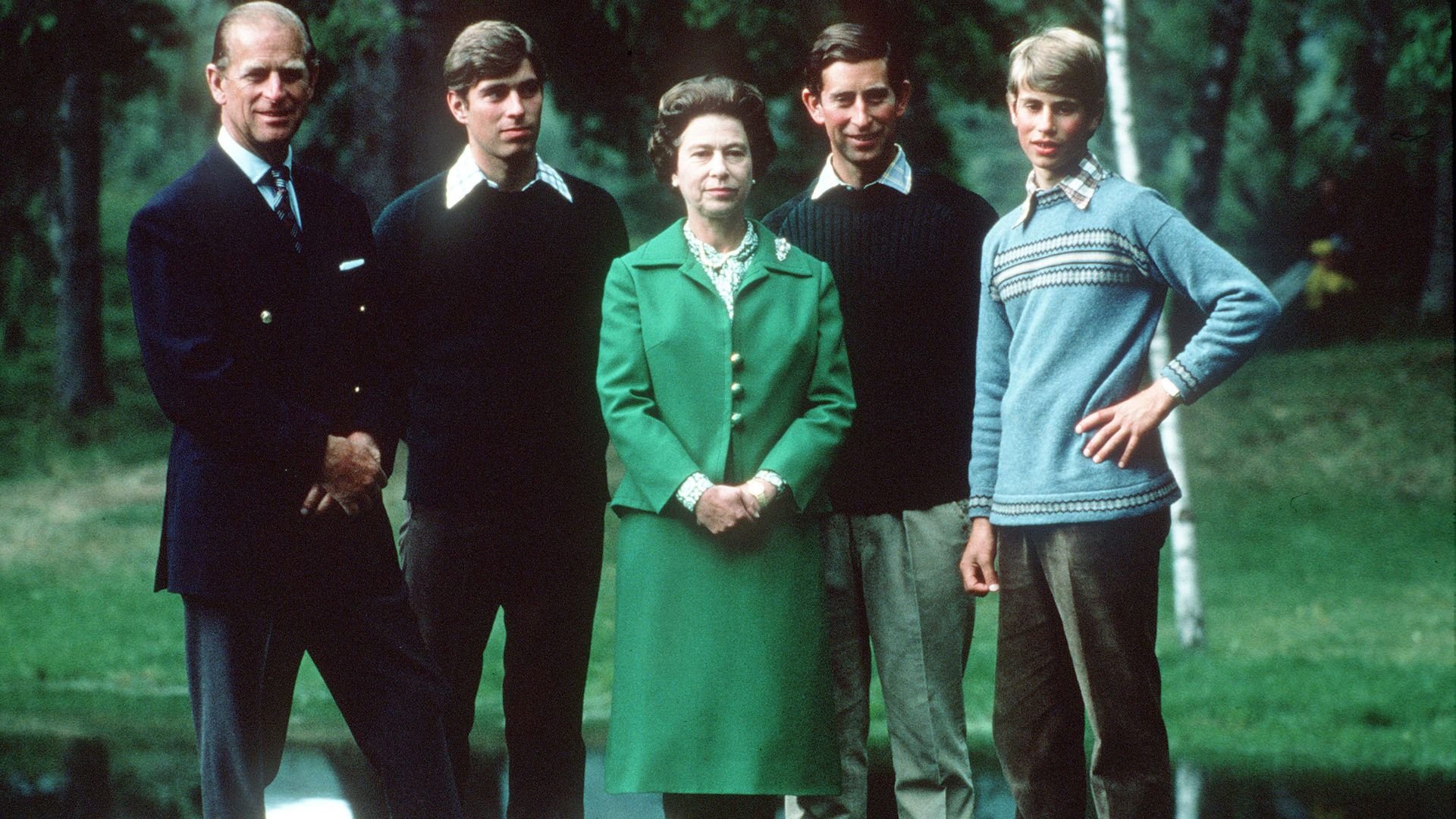Queen Elizabeth II with Prince Philip, and her three sons on holiday in Balmoral, Scotland in 1979