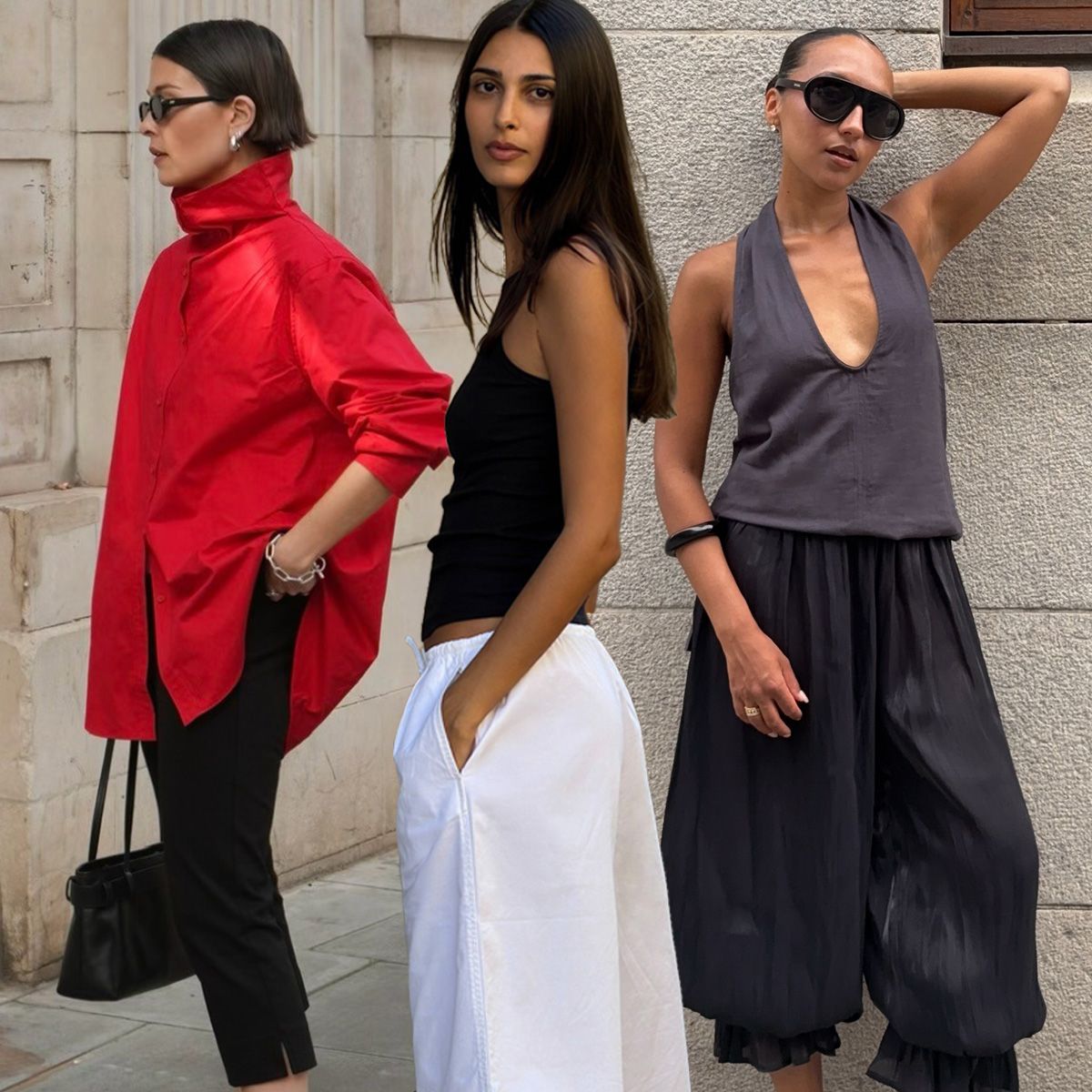 The best non-denim trends for summer are shown in a collage of women's outfits with different types of pants