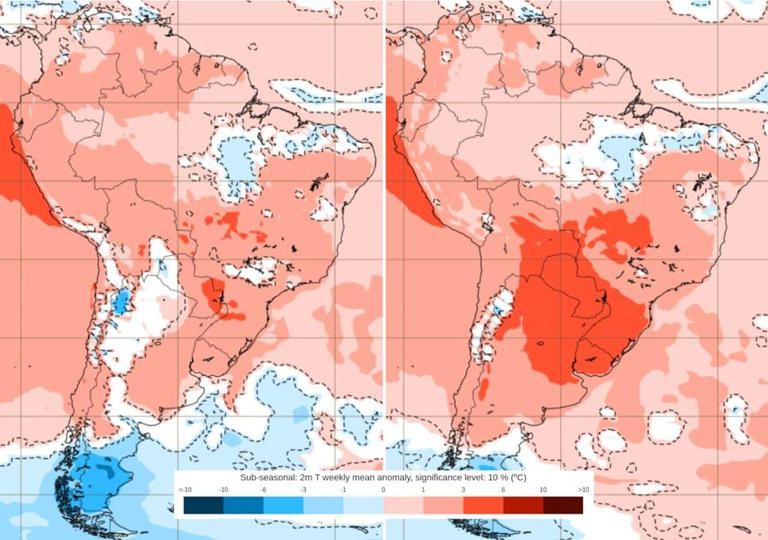 Previsão de anomalias de temperatura entre os dias 20 a 27 de Julho (esquerda); e 27 de Julho a 3 de Agosto (direita) ilustra um aumento gradual das temperaturas sobre o centro-sul.