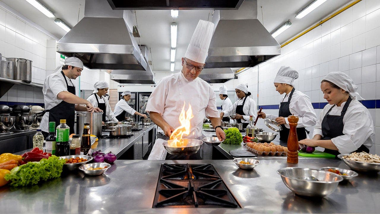 A group of chefs cooks in a restaurant kitchen.