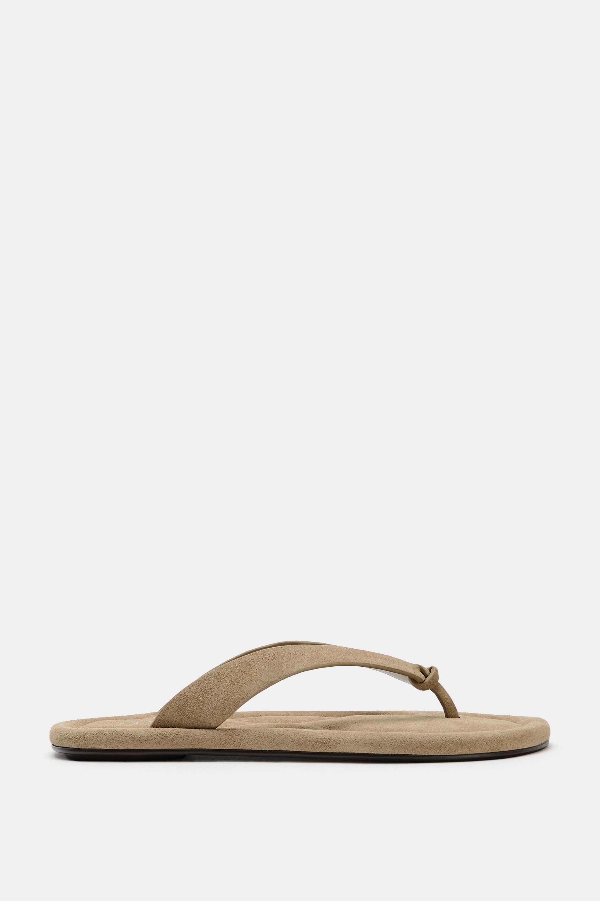 Flat Leather Sandals - Beige - 5