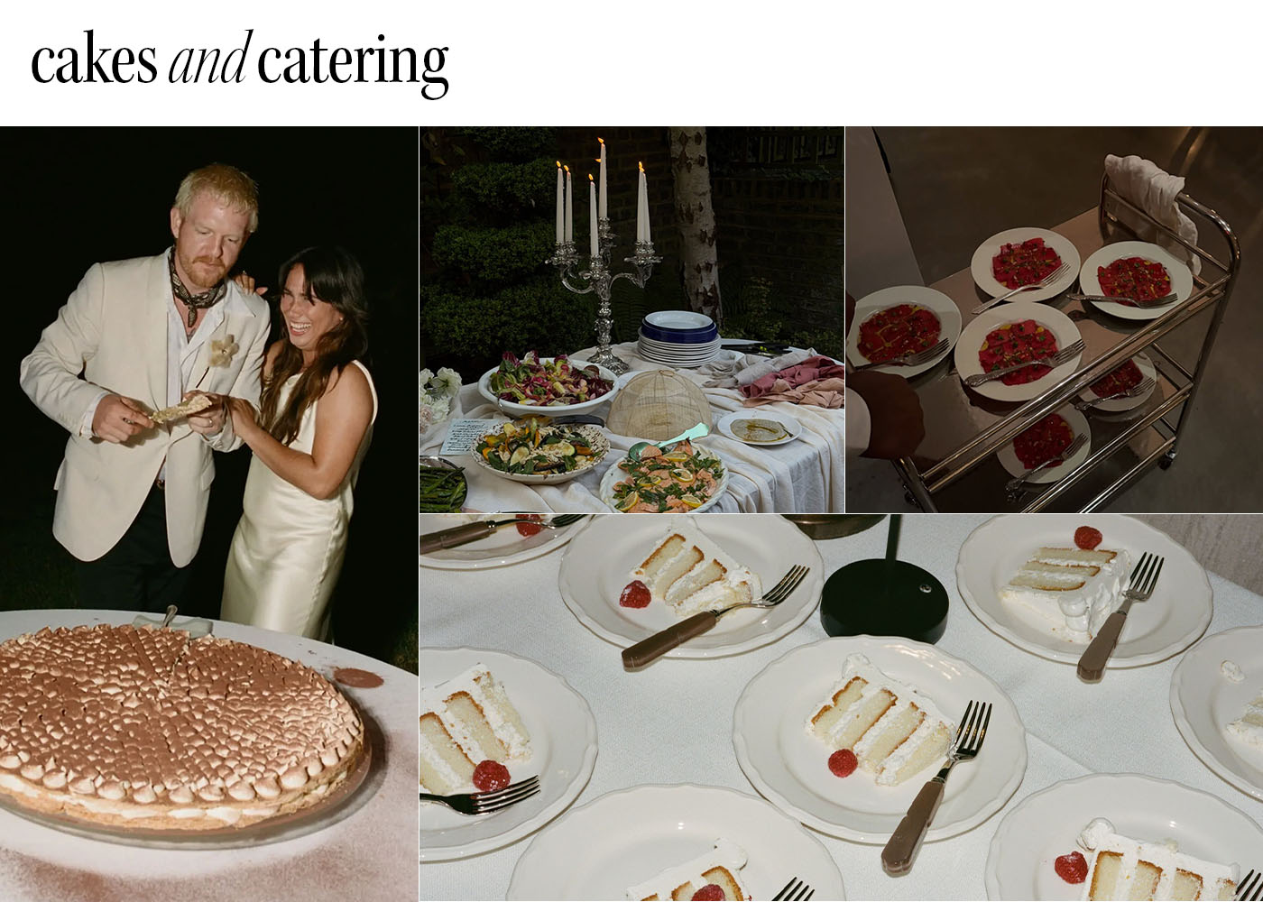 a collage of cakes and catering from weddings.