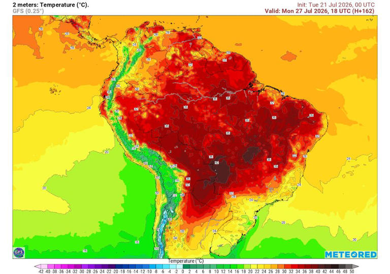 Previsão de temperaturas na próxima segunda-feira durante a tarde mostra que regiões grandes do Centro-Oeste podem registrar temperaturas acima dos 40°C, como MS, MT e GO.