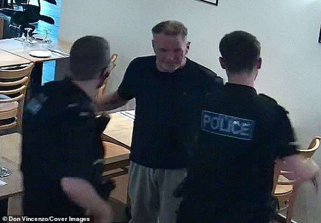 CCTV shows the moment serial 'dine and dasher' Anthony Lamont is arrested at Don Vincenzo, an Italian restaurant in Rochester high street